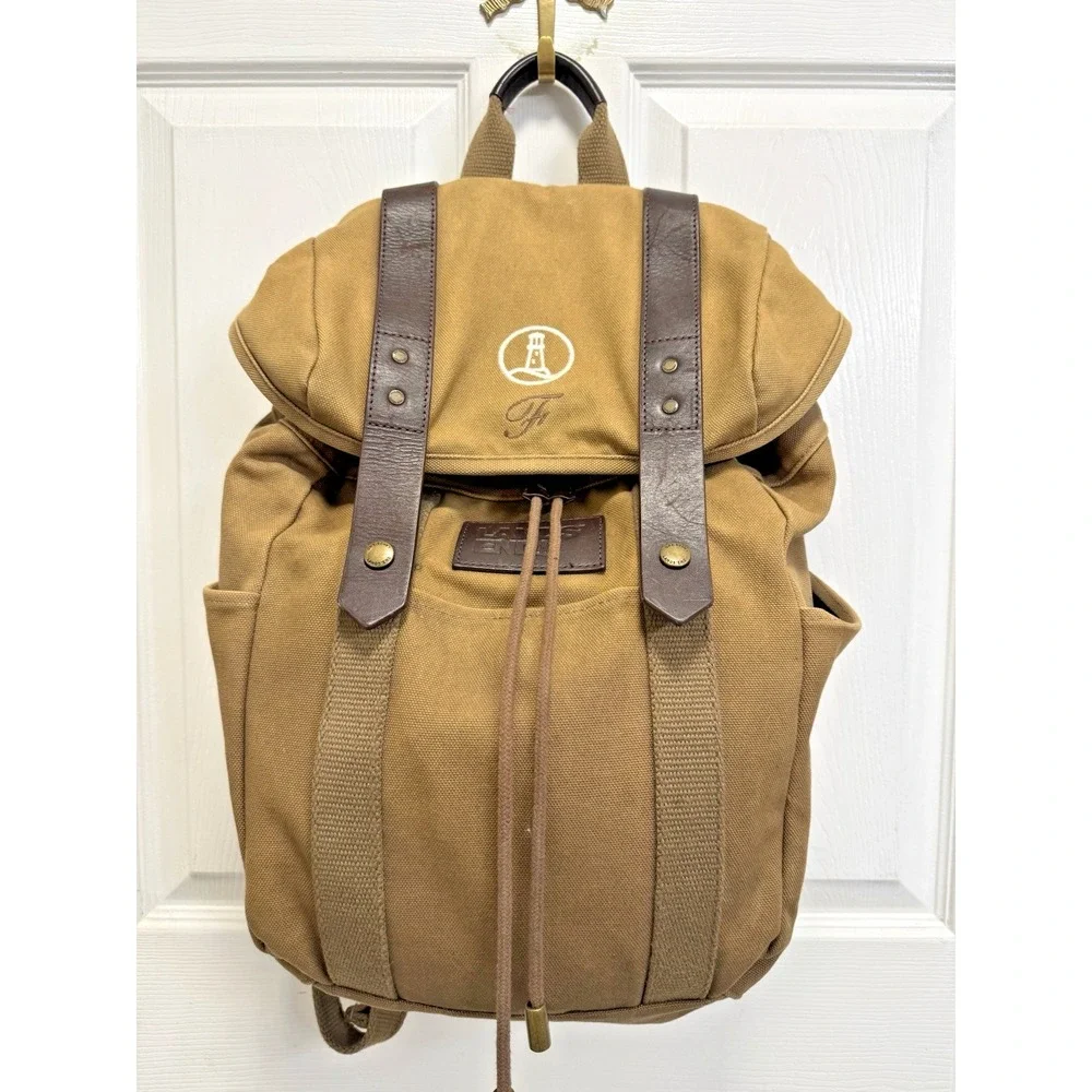 LAND'S END Waxed Canvas Leather Heavy Duty Laptop Backpack Travel LOGO READ